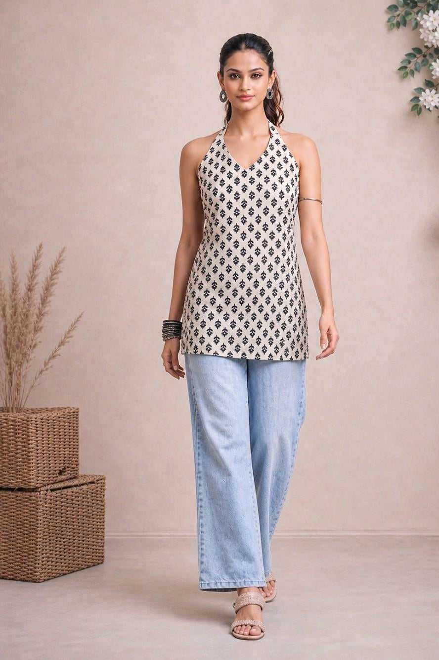 Amayra halter neck printed tunic front view for women