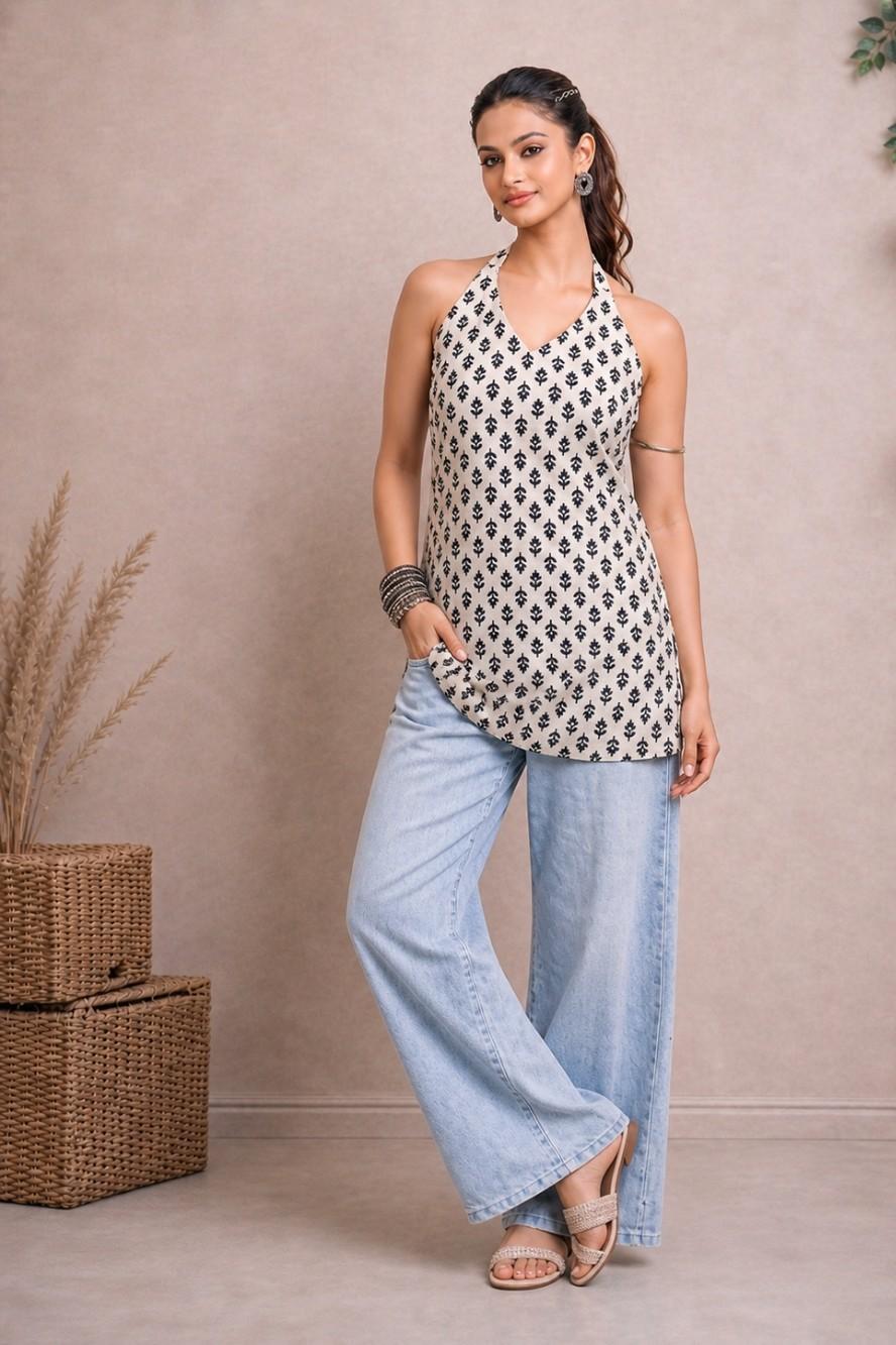 Amayra halter neck printed tunic front view for women