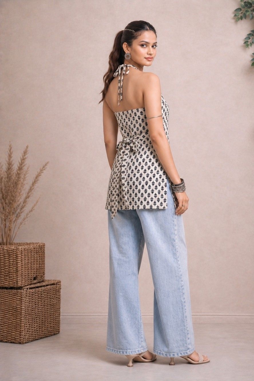 Amayra halter neck tunic side view showing fit and fall