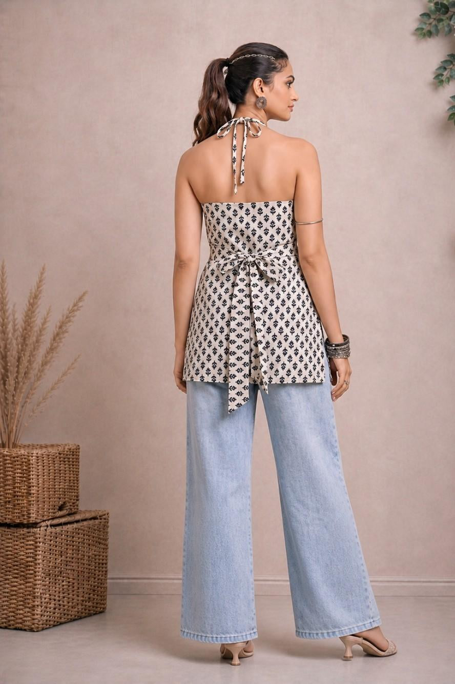 Amayra halter neck tunic back view with tie-up detail