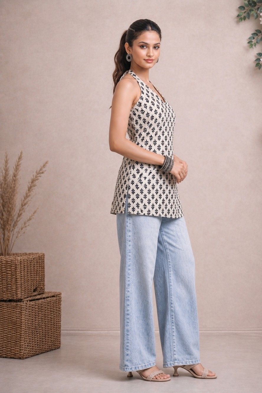 Amayra halter neck tunic half turn pose back detail