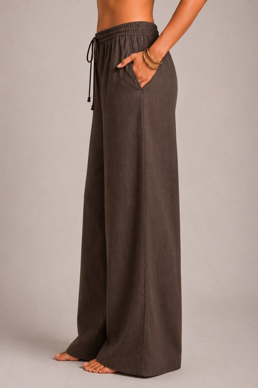 Brown Cotton Linen Pant - Side View | Aasnaaya