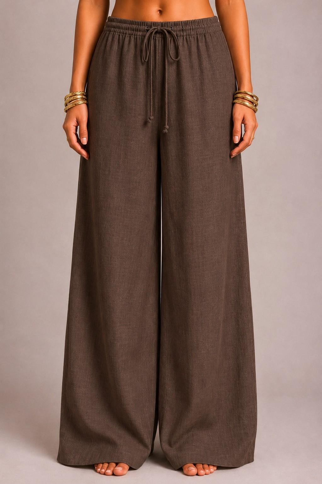 Brown Cotton Linen Pant - Front View | Aasnaaya